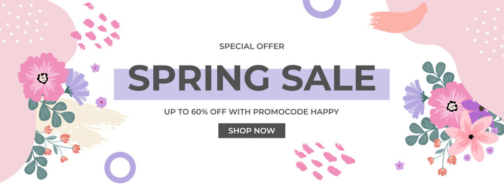 Spring sale, hello spring banner with vivid bright flowers and abstract shapes for template, banner, flyer, poster, invitation, brochure design. Vector illustration