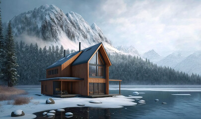 Awesome design of modern wooden house placed besides mountain lake in snowy winter. Generative IA
