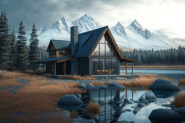 Awesome design of modern wooden house in a beautiful forest near lake. Generative IA