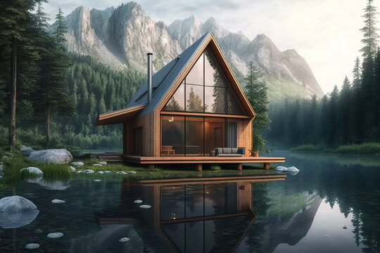 Awesome design of modern wooden house in a beautiful forest near lake. Generative IA