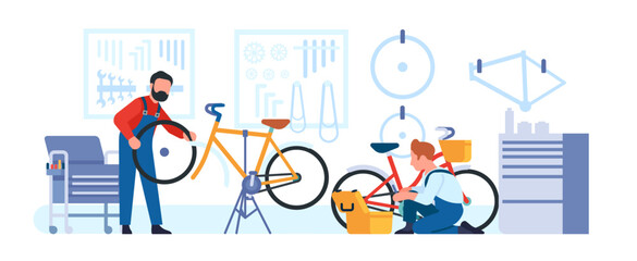 Bicycle repair shop. Bike workshop. Cycle maintenance. Men change wheel tires and chains. Repairman work in garage. Professional service. Serviceman with wrench and toolkit. Vector concept