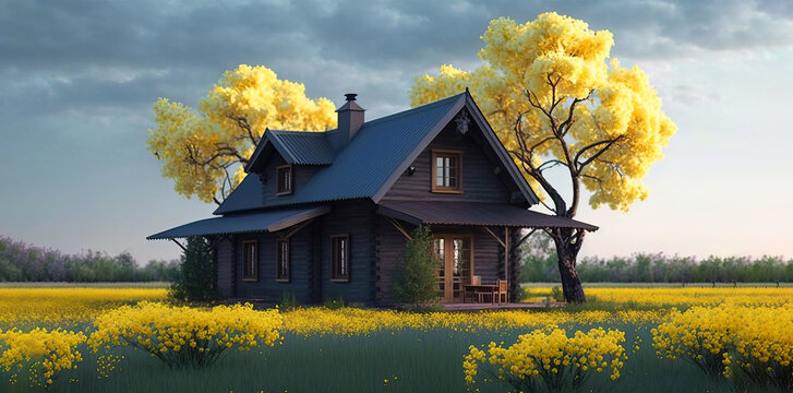 Wooden remote house in a beautiful landscape full of yellow flowers. Generative IA