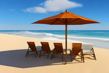 Beach umbrella with chairs on beach sand. summer vacation concept. 3d rendering. Generative AI