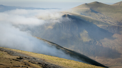 Blencathra mountain in the fog in the Lake District