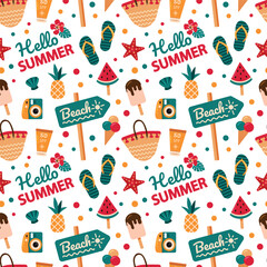 Vector seamless pattern with beach features. Summer pattern with a beach bag, sunscreen, slates, ice cream, watermelon and pineapple