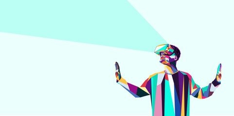 Vector illustration of a man wearing virtual reality glasses. The concept of modern technology. In modern art style.