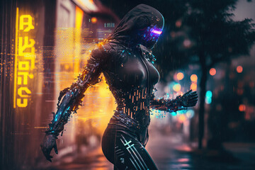 Humanoid in metaverse using VR Glasses surrounded by weird symbols in futuristic city at night. Generative IA