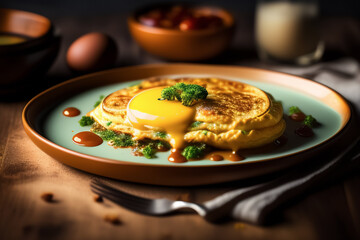 Omelette with a yellow sauce on a plate. Generative AI