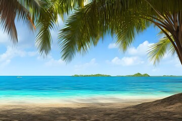 Naklejka na ściany i meble beautiful jungle beach lagoon view with palm trees and tropical leaves, can be used as background. Generative AI