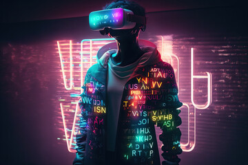 Humanoid in metaverse using VR Glasses surrounded by weird symbols in futuristic city at night. Generative IA