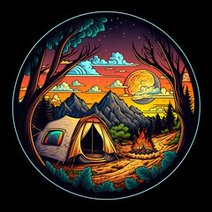Camping sticker. Tent in  the woods. Vintage Camp Sticker, badge design. For shirts, stamps, badges and labels. Ai generative
