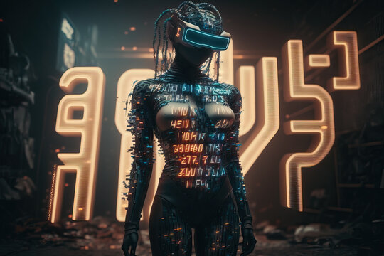 Humanoid in metaverse using VR Glasses surrounded by weird futuristic symbols. Generative IA