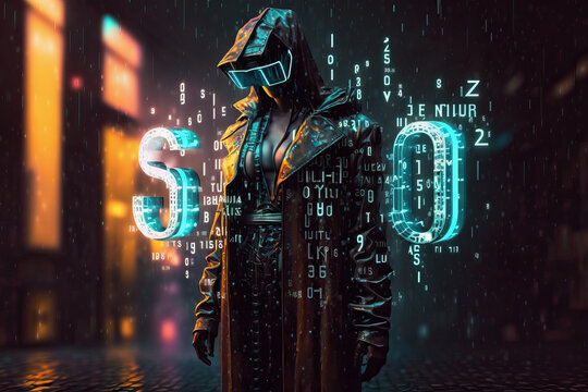 Humanoid in metaverse using VR Glasses surrounded by weird symbols in futuristic city at night. Generative IA
