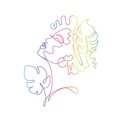 Vector line art. The portreit of beautiful lady with tropical leaves