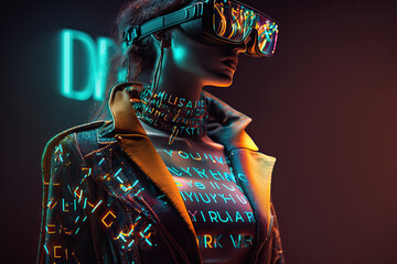 Humanoid in metaverse using VR Glasses surrounded by weird futuristic symbols. Generative IA