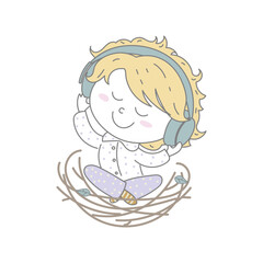 Cute boy is sitting in the nest with the headphones. Fairy tales poscast logo.