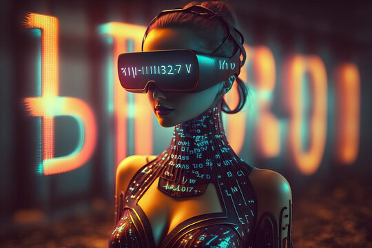 Humanoid in metaverse using VR Glasses surrounded by weird futuristic symbols. Generative IA