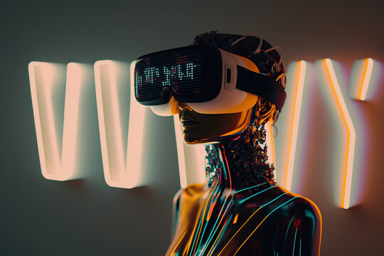 Humanoid in metaverse using VR Glasses surrounded by weird futuristic symbols. Generative IA