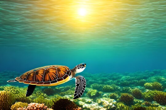 Close up underwater wild turtle floating over blue beautiful natural ocean background, with sunlight through water surface. painting. Generative AI