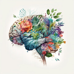 a human brain with flowers, plants and leaves, positive ideas and thoughts, generative ai illustration