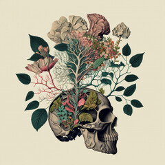 a human anatomical  skull with floral design, representing positive ideas and optimism, generative ai illustration