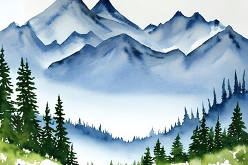 Elegant white background with a watercolor mountain for a wedding, a book cover, wallpaper, or wall art. A lovely watercolor painting with a lake, pines, and mountains. Generative AI