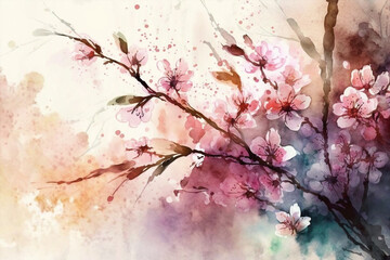cherry blossom tree in a spring floral backgorund, pink and white palette, japanese mood, generative ai illustration