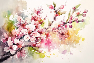 Obraz na płótnie Canvas cherry blossom tree in a spring floral backgorund, pink and white palette, japanese mood, generative ai illustration