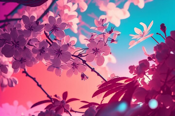 Fototapeta na wymiar cherry blossom spring tree abstract background,neon vaporwave colors, generative ai illustration