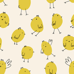 Chicks. Cute little farm bird. Funny easter animals. Kids vector seamless pattern. Textile print