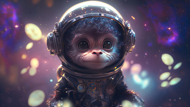 A cute baby chimpanzee astronaut in space with floral and space background. Generative AI technology.