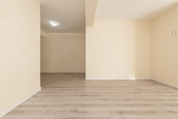 Empty room of an apartment with white wooden doors and skirting boards, a light wooden floor and cream painted walls