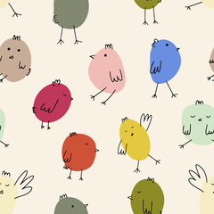 Chicks. Cute little farm bird. Funny easter animals. Kids vector seamless pattern. Textile print