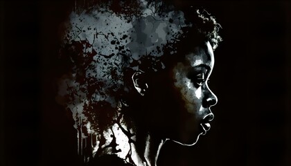 A shadowy profile portrait of a single afro-american person against a black background, watercolor illustration. Ai generative
