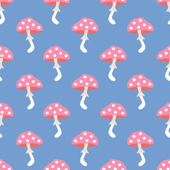 Cute amanita funny spotted mushroom seamless retro pattern. Magic mushrooms, psilocybin groovy background. 1970 crazy trippy vintage style. Vector illustration.