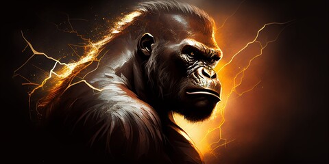 Angry gorilla monkey drawing on lightning background black background Generative AI