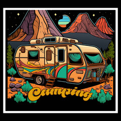 Rv camper in the woods. Camping van. Vintage Camp poster, flyer design. For shirts, stamps, badges and labels. Empty sace for text or logo. Ai generative