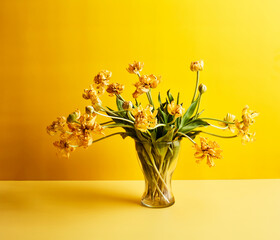 Dry tulips on table against yellow background