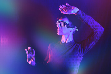 Binary code on woman wearing futuristic glasses against black background