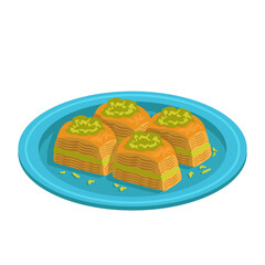 Turkish food. Baklava. Layer cake soaked in butter and syrup, stuffed with nuts, sugar and cardamom. Dessert. Vector graphic.