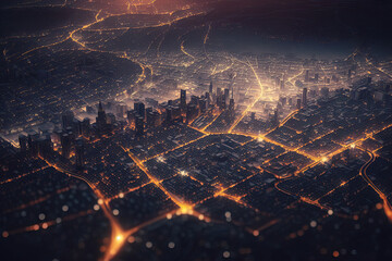 Aerial view of big illuminated metropolis by night