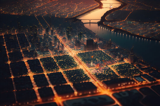 Aerial view of big illuminated metropolis by night