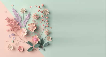 Cute field flowers on pastel duotone background. Flat lay, top view, flowers composition with copy space. Beautiful spring bloomed flowers. 3d render illustration. Generative AI art.