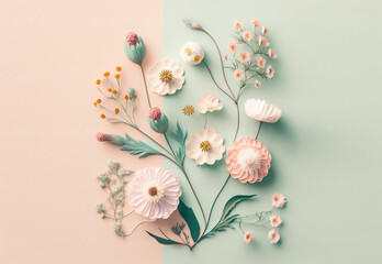 Cute field flowers on pastel green-peach background. Flat lay, top view, flowers composition with copy space. Beautiful spring bloomed flowers. 3d render illustration. Generative AI art.
