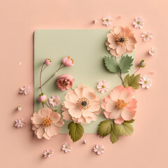 Cute field flowers on pastel background, clear paper card. Flat lay, top view, flowers composition with copy space. Beautiful spring bloomed flowers. 3d render illustration. Generative AI art.