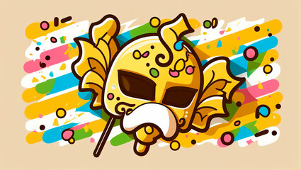 lollipop candy sticker with venetian mask Madrid, vector , 2D, illustration, digital art, yellow color, brazil carnival