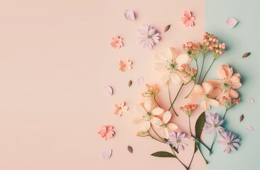 Obraz na płótnie Canvas Cute field flowers and petals on pastel background. Flat lay, top view, flowers composition with copy space. Beautiful spring bloomed flowers. 3d render illustration. Generative AI art.
