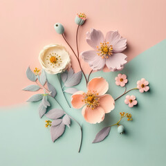 Cute pastel field flowers on pastel background. Flat lay, top view, flowers composition with copy space. Beautiful spring bloomed flowers. 3d render illustration. Generative AI art.