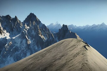 Reaching your goals concept, mountain climber folowing path to flag on top of mountain, illustration. Generative AI