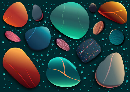 Galet vectoriel, effet 3d, fluo, lumineux, &eacute;quilibre et beaut&eacute;, affiche banni&egrave;re web.